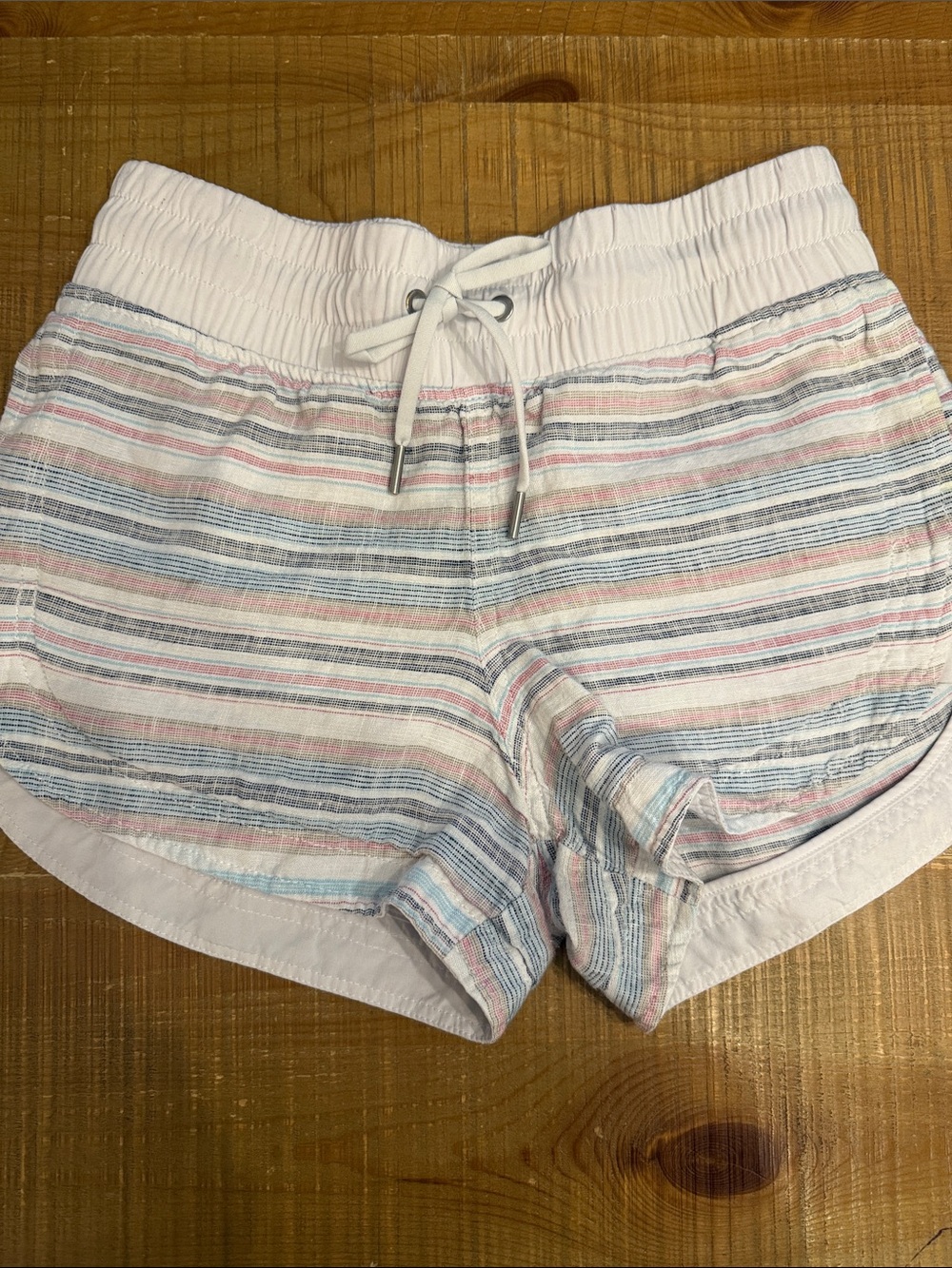 Athleta Striped Drawstring Athletic Shorts in White, Blue & Pink